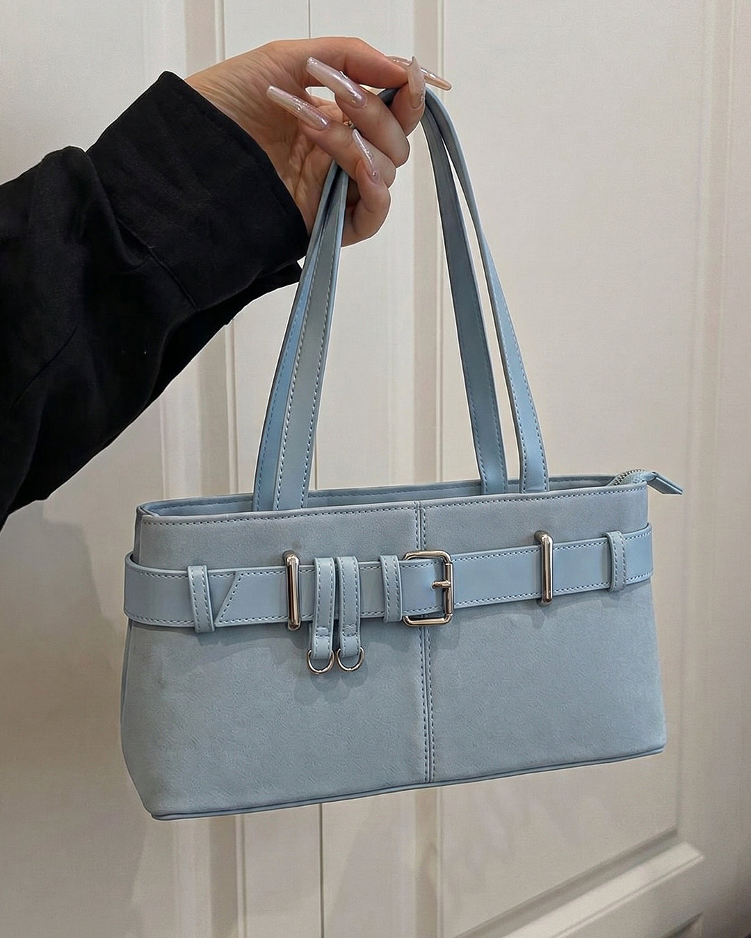 Buckle Detail Structured Shoulder Bag in Baby Blue