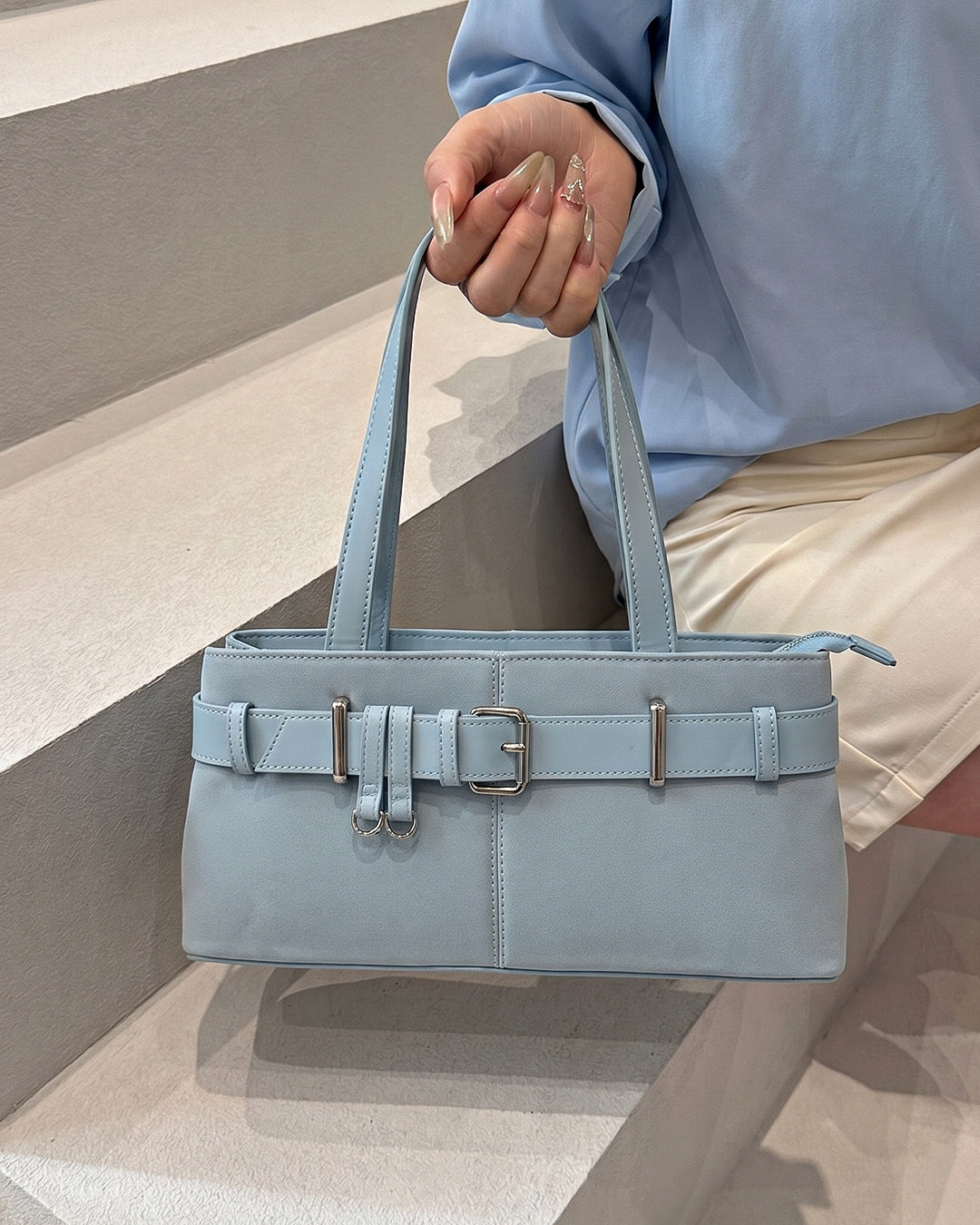 Buckle Detail Structured Shoulder Bag in Baby Blue