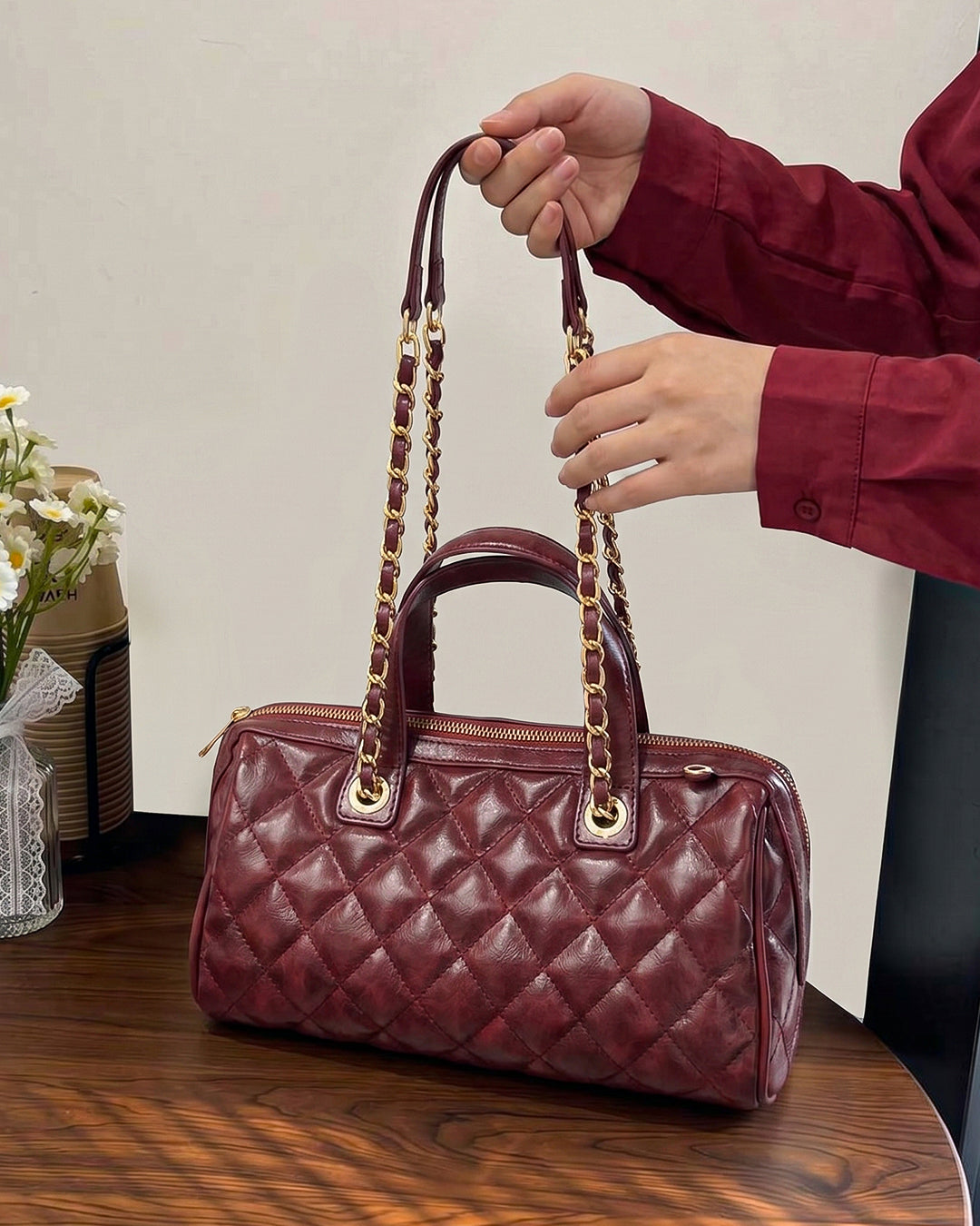 Quilted Chain Strap Shoulder Bag in Cherry Red