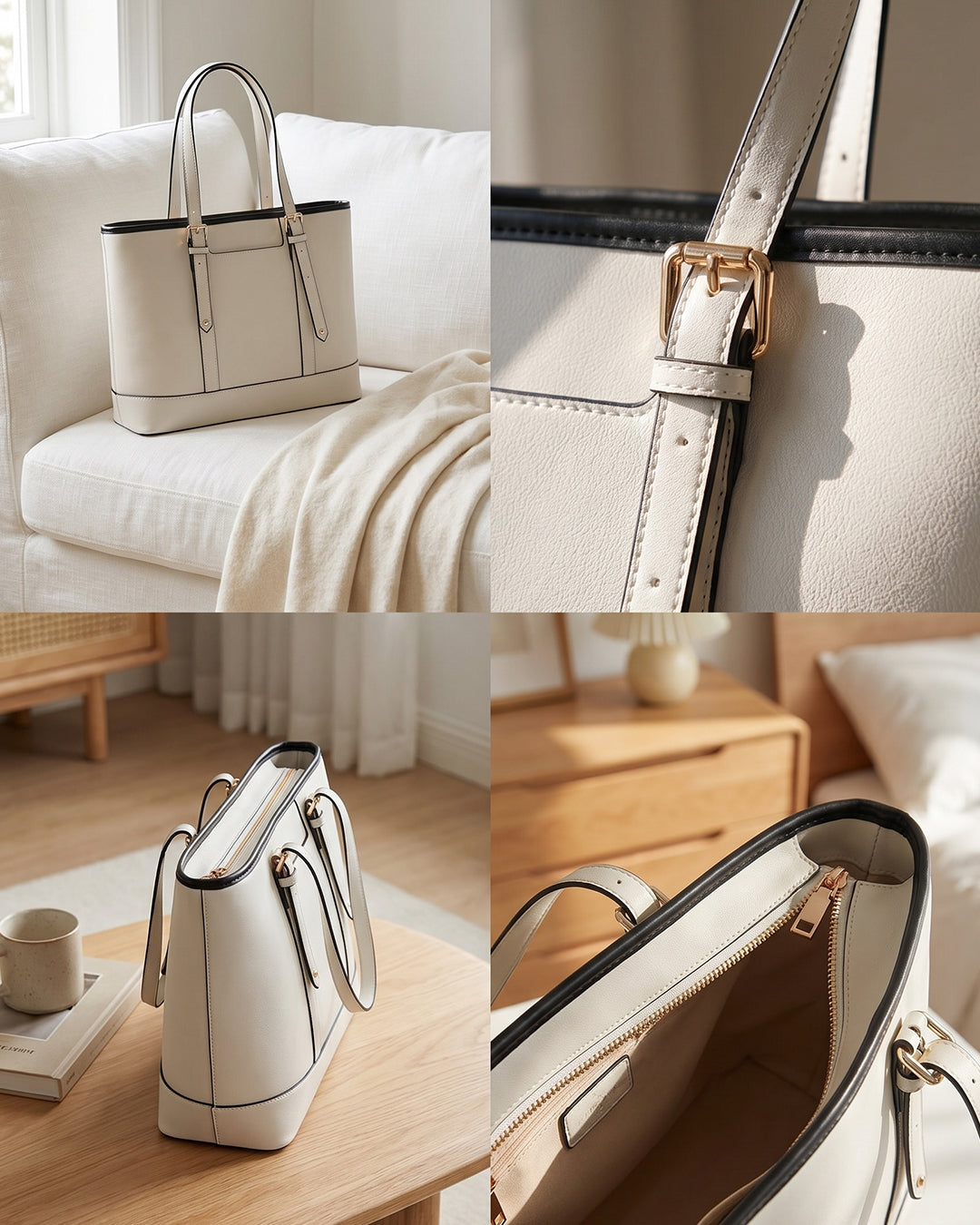 Buckle Accent Office Tote Bag in Cream