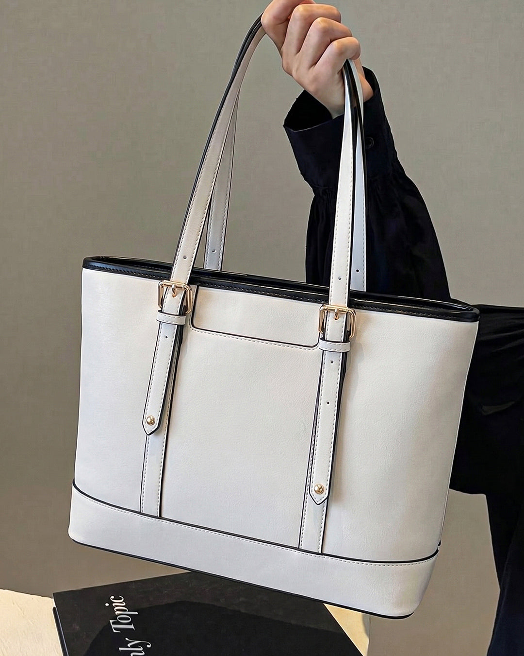 Buckle Accent Office Tote Bag in Cream
