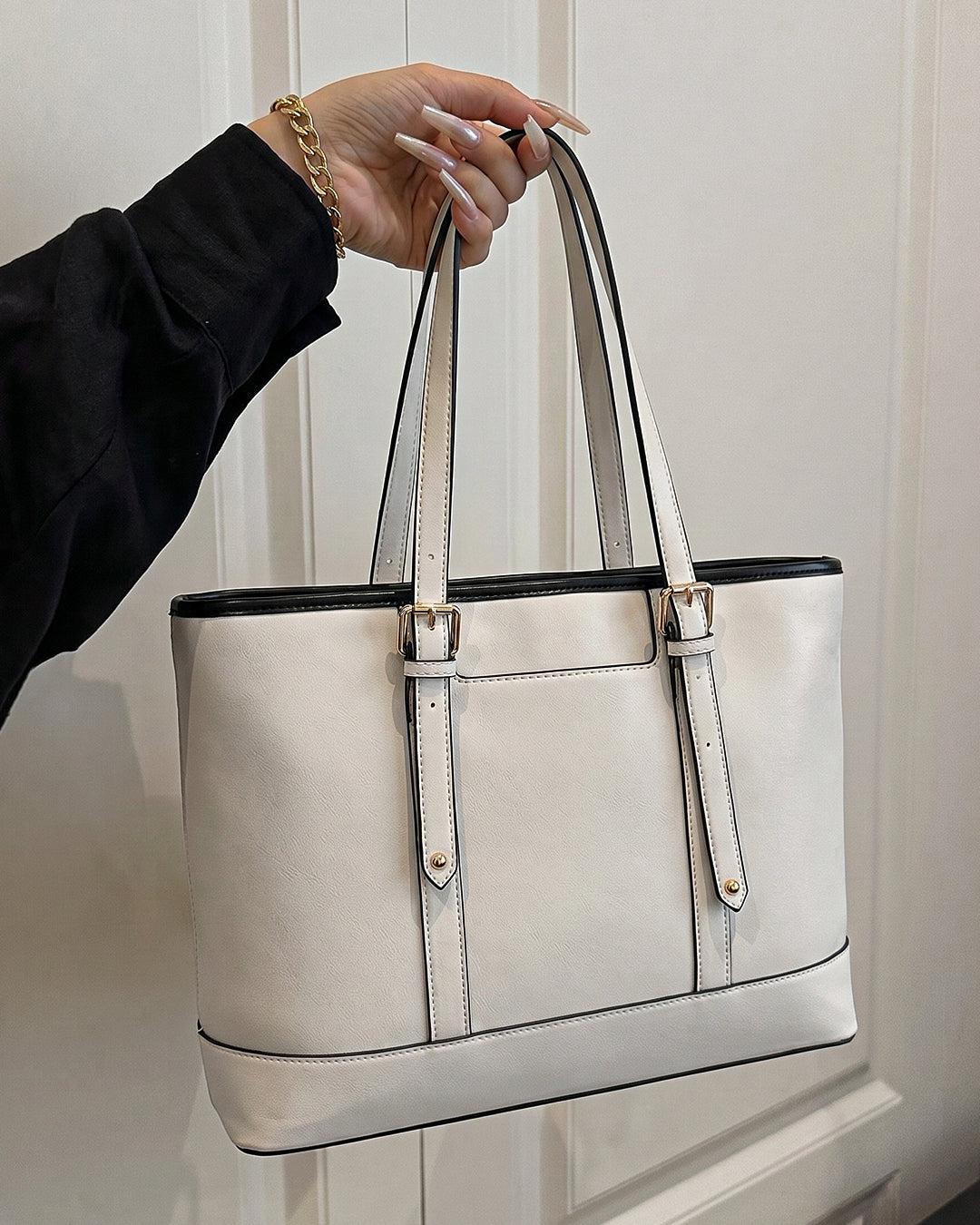 Buckle Accent Office Tote Bag in Cream