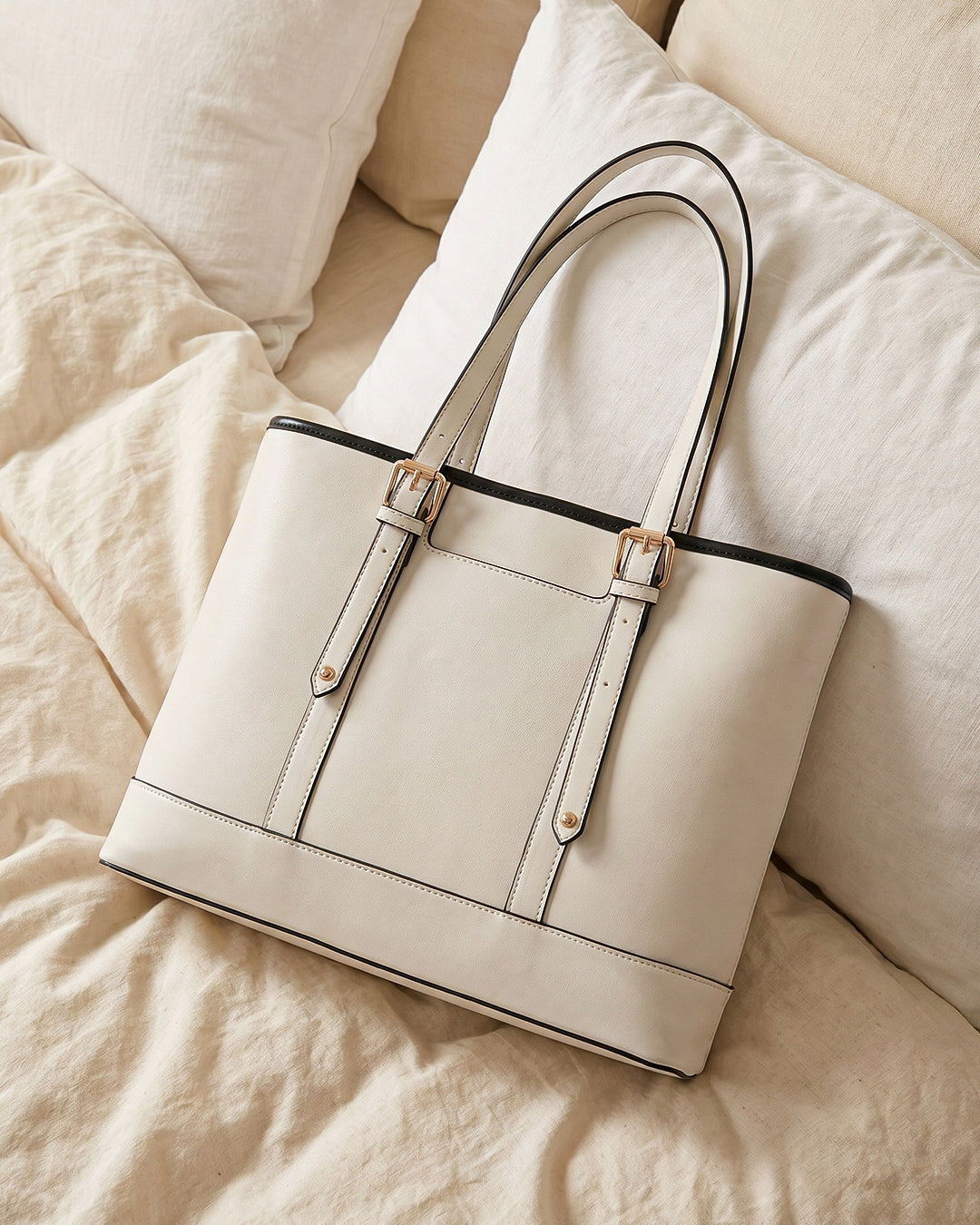 Buckle Accent Office Tote Bag in Cream