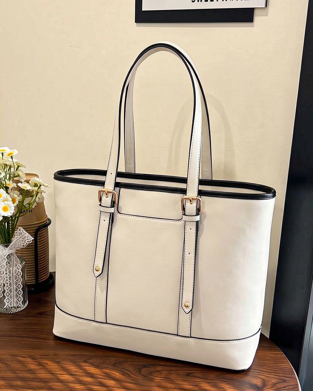 Buckle Accent Office Tote Bag in Cream