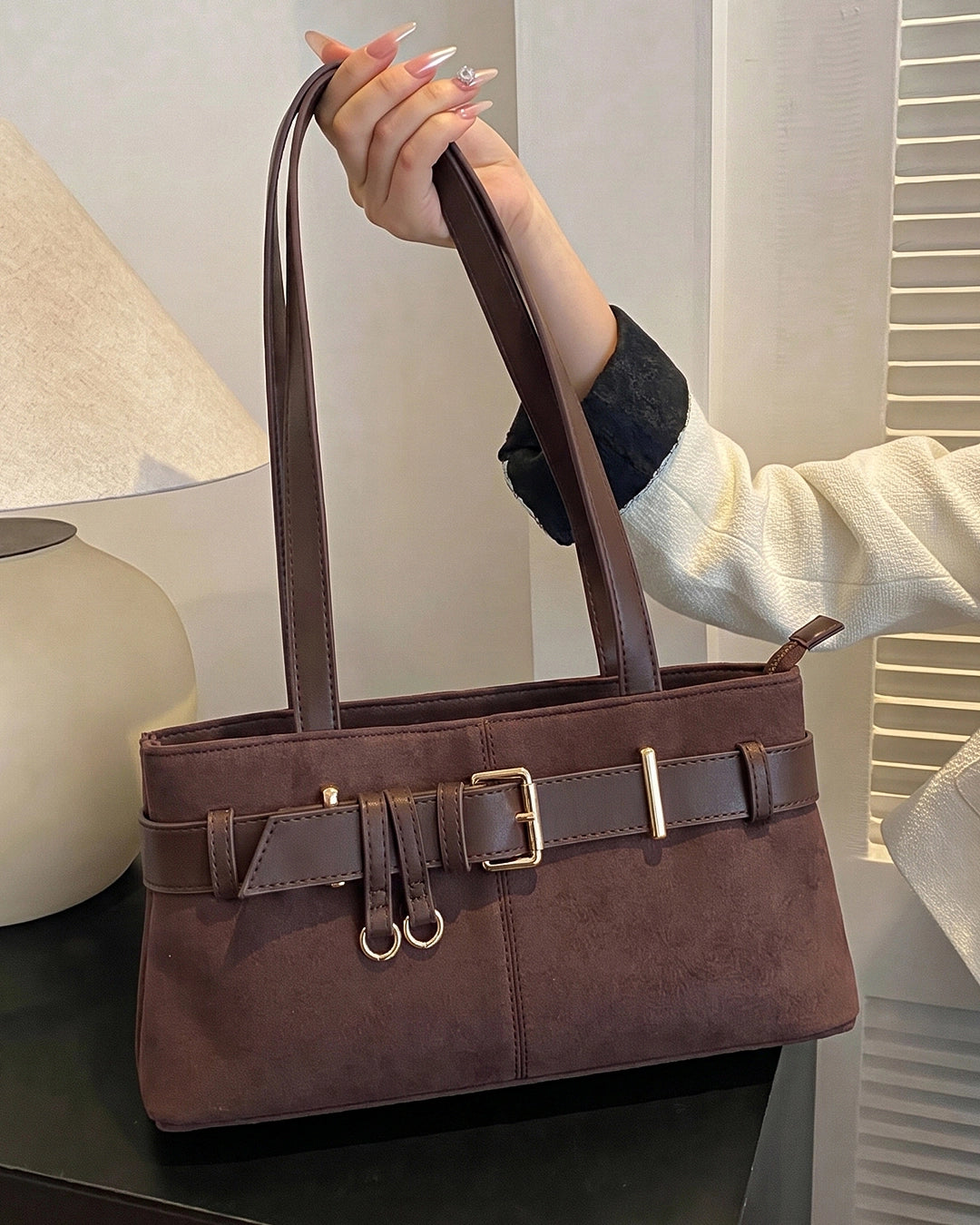 Buckle Detail Structured Shoulder Bag in Coffee Brown