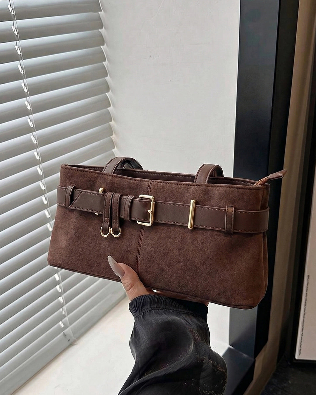 Buckle Detail Structured Shoulder Bag in Coffee Brown
