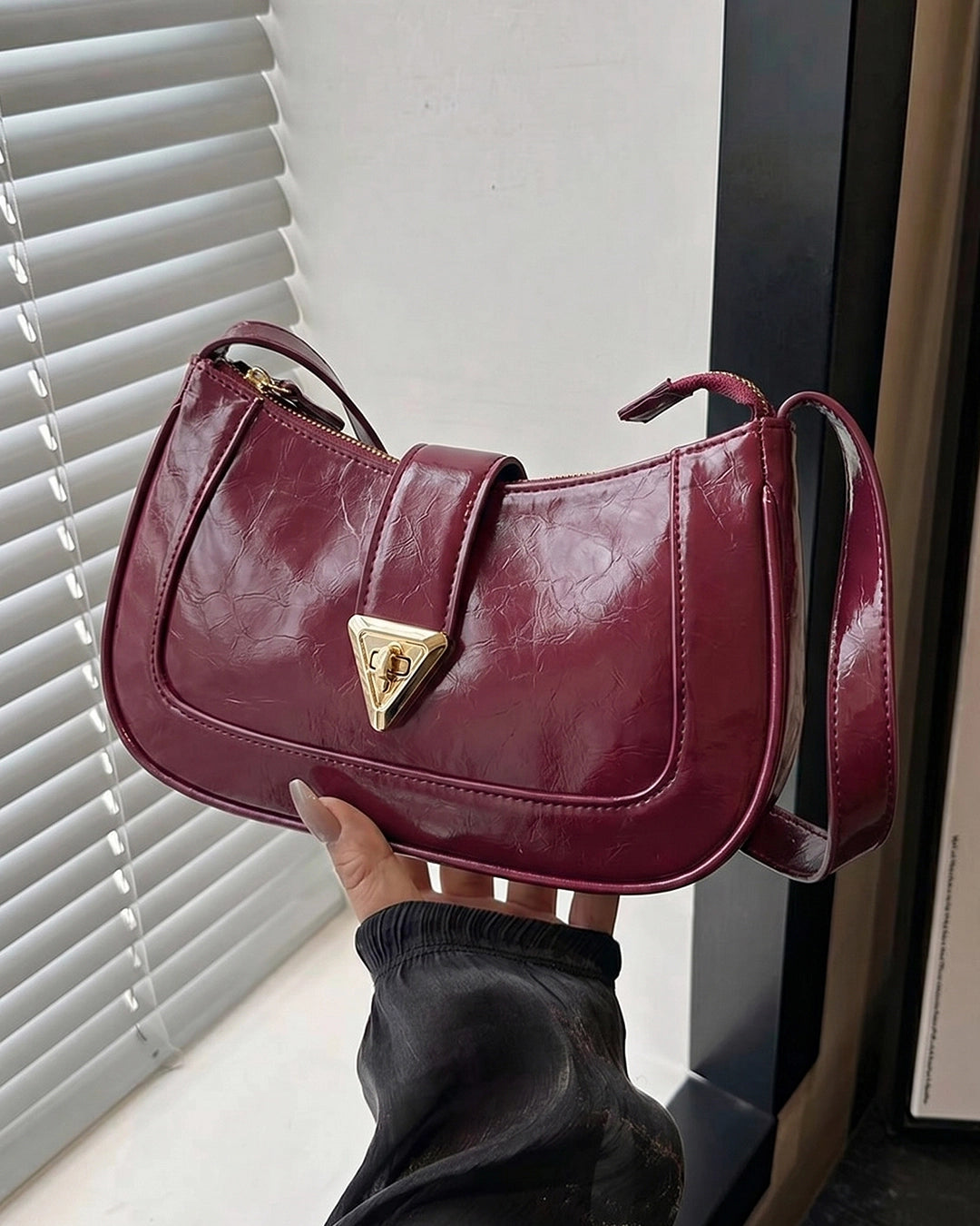 Elegant Patent Finish Shoulder Bag in Cherry Red