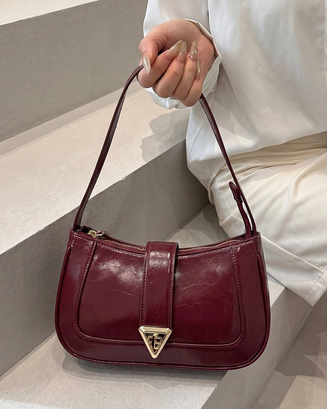 Elegant Patent Finish Shoulder Bag in Cherry Red