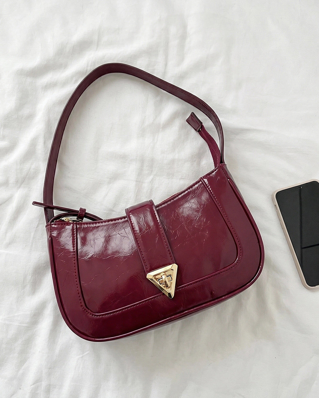 Elegant Patent Finish Shoulder Bag in Cherry Red