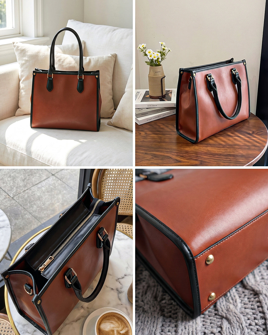 Tailored Contrast Handle Tote Bag in Brown
