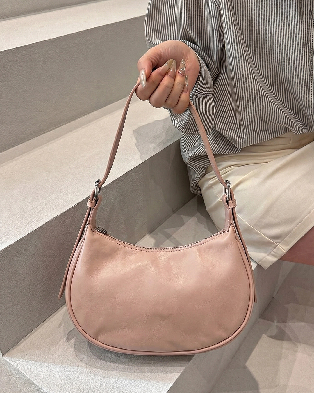 Minimal Curved Shoulder Bag in Beige