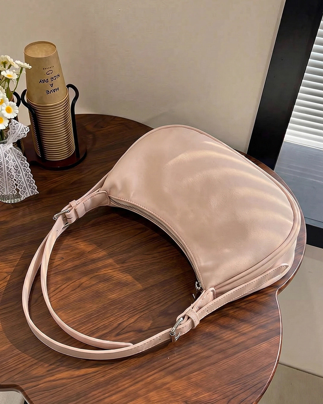 Minimal Curved Shoulder Bag in Beige
