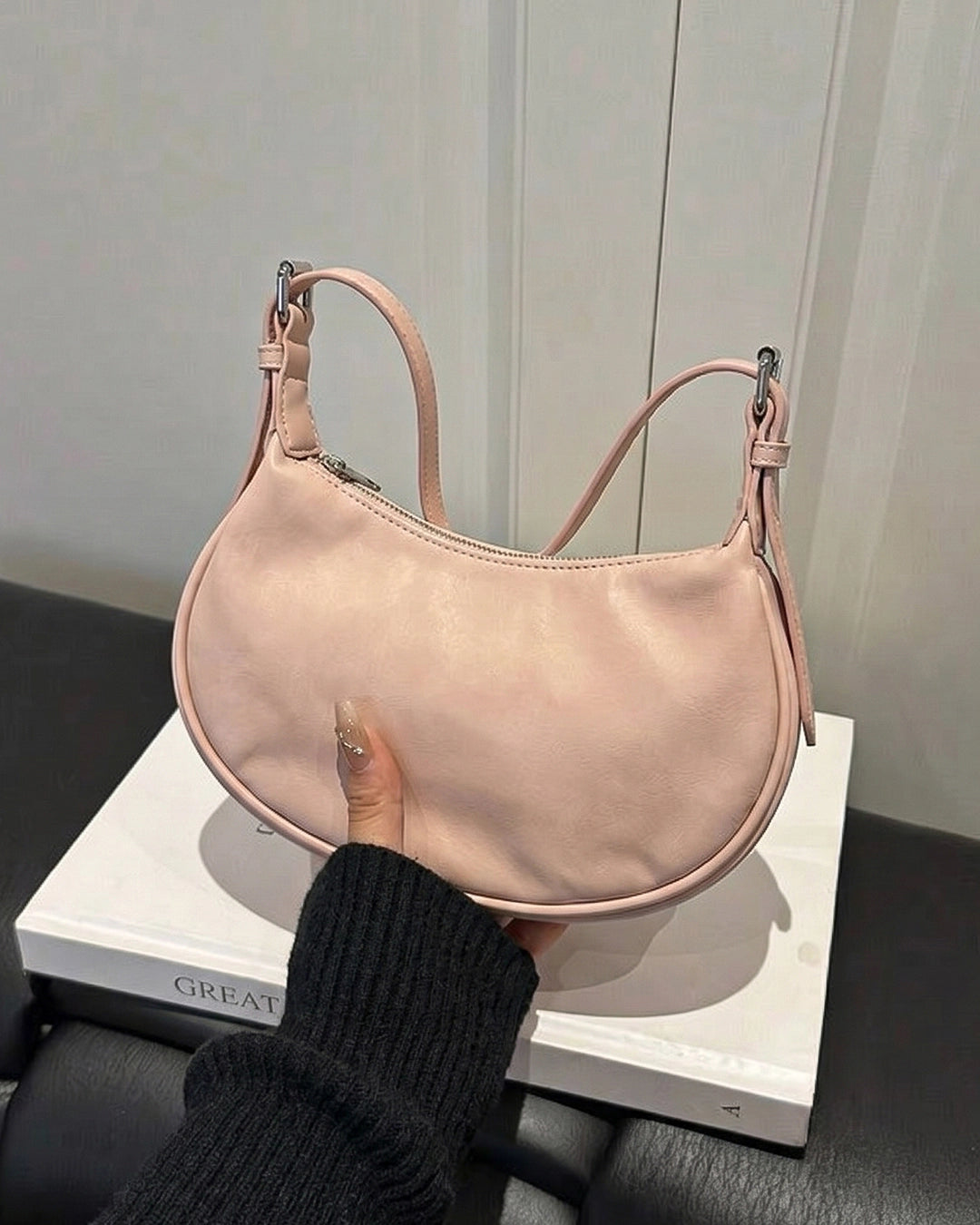 Minimal Curved Shoulder Bag in Beige