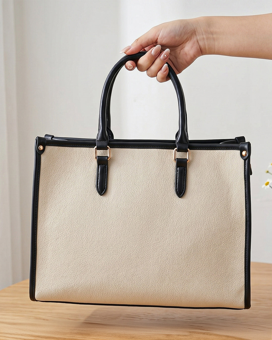 Tailored Contrast Handle Tote Bag in Ivory White