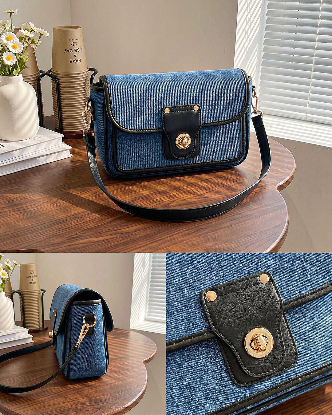 Turn Lock Denim Crossbody Sling Bag in Blue