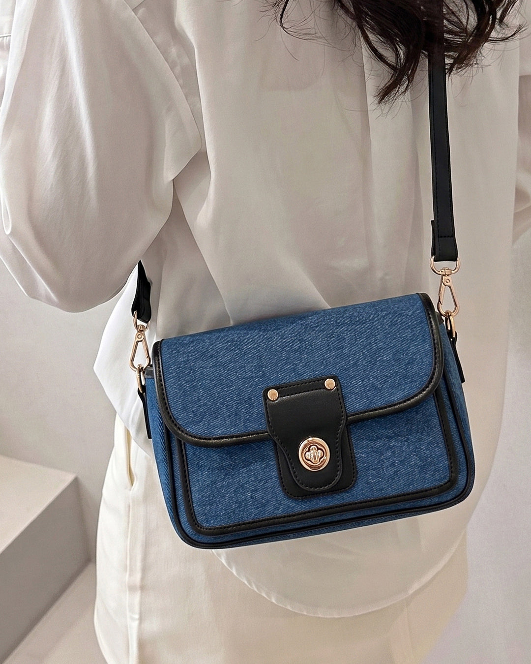 Turn Lock Denim Crossbody Sling Bag in Blue