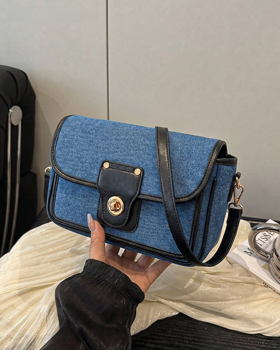 Turn Lock Denim Crossbody Sling Bag in Blue