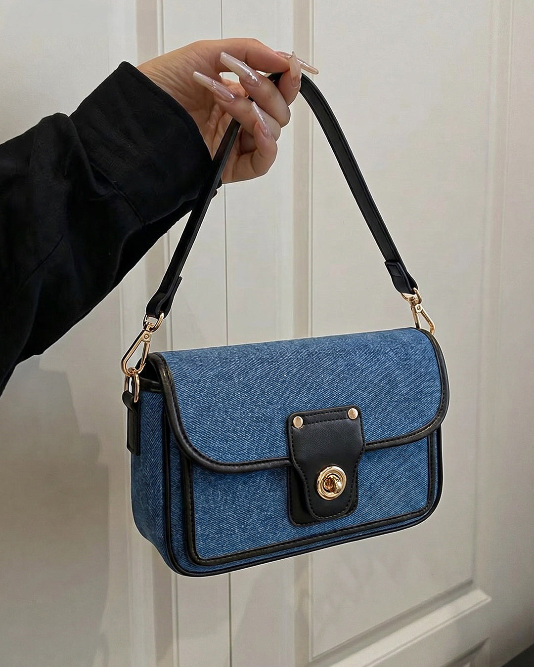 Turn Lock Denim Crossbody Sling Bag in Blue