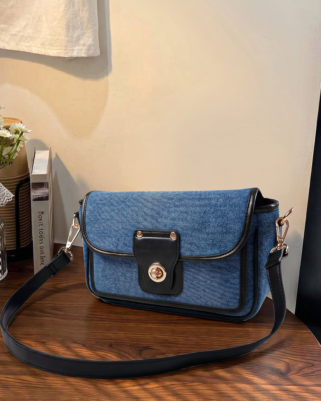 Turn Lock Denim Crossbody Sling Bag in Blue