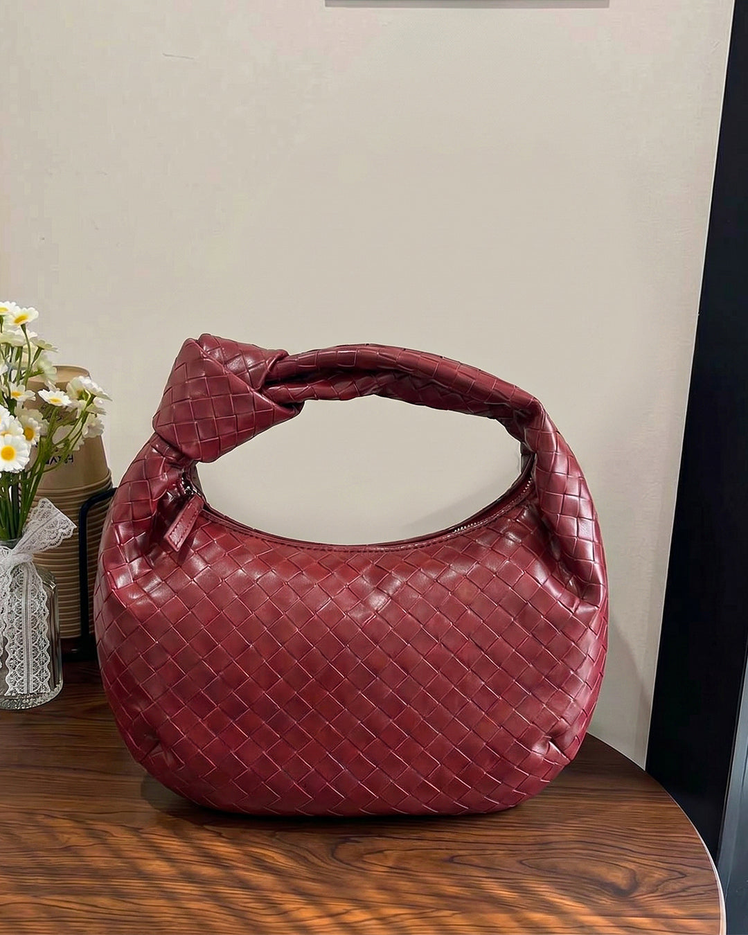 Puffy Knot Handle Shoulder Bag in Maroon
