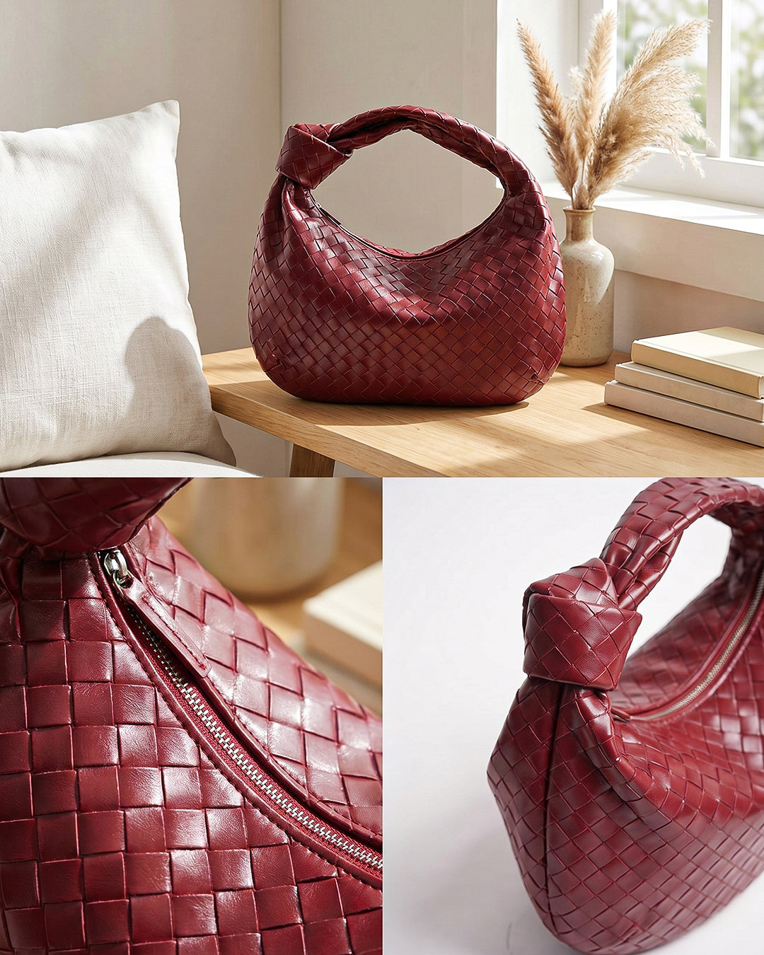 Puffy Knot Handle Shoulder Bag in Maroon