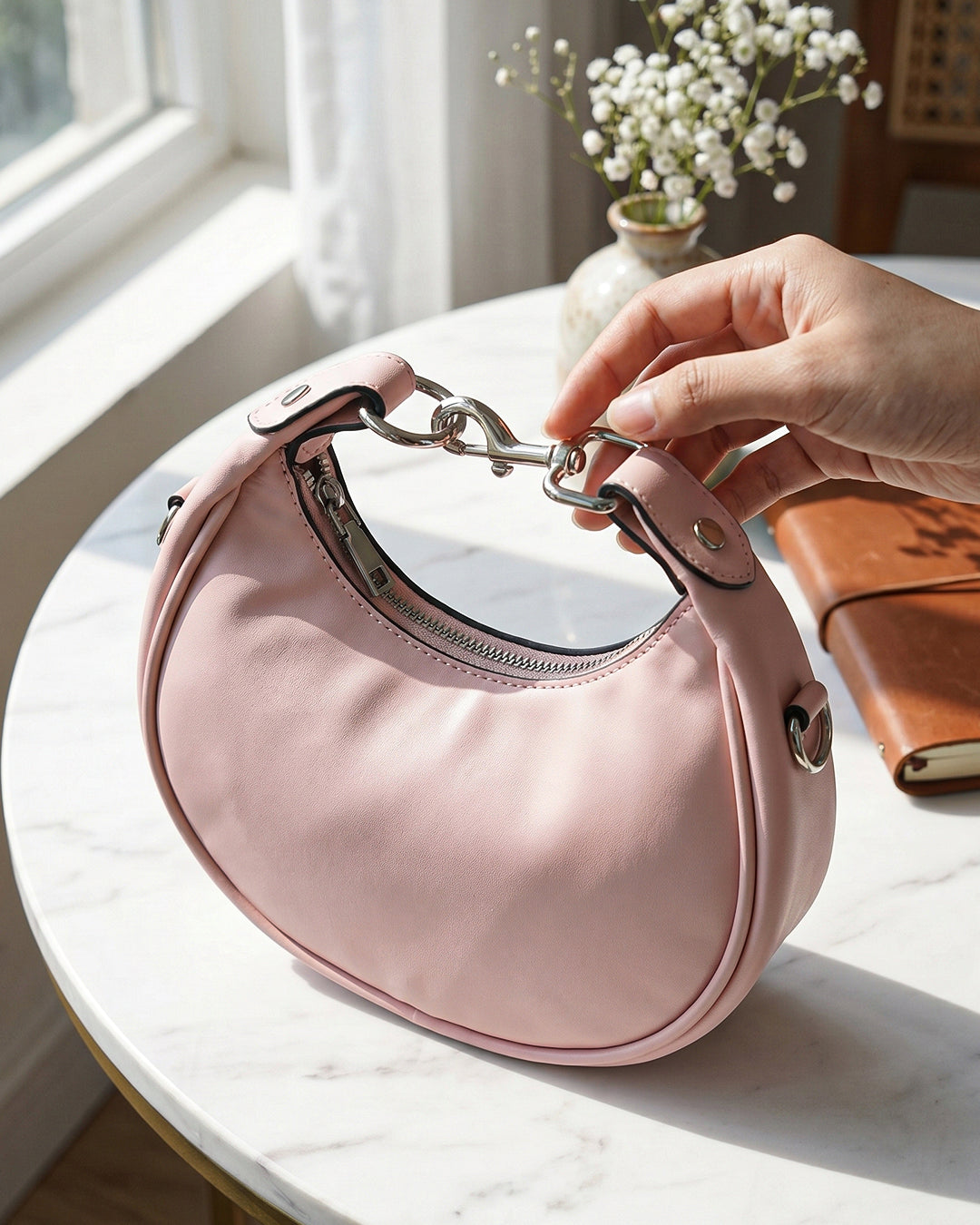 Stylish Crescent Carry Sling Bag in Baby Pink