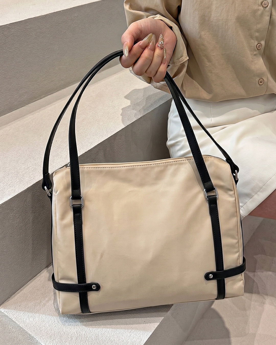 Functional Shoulder Bag With Contrast Strap Detail in Cream