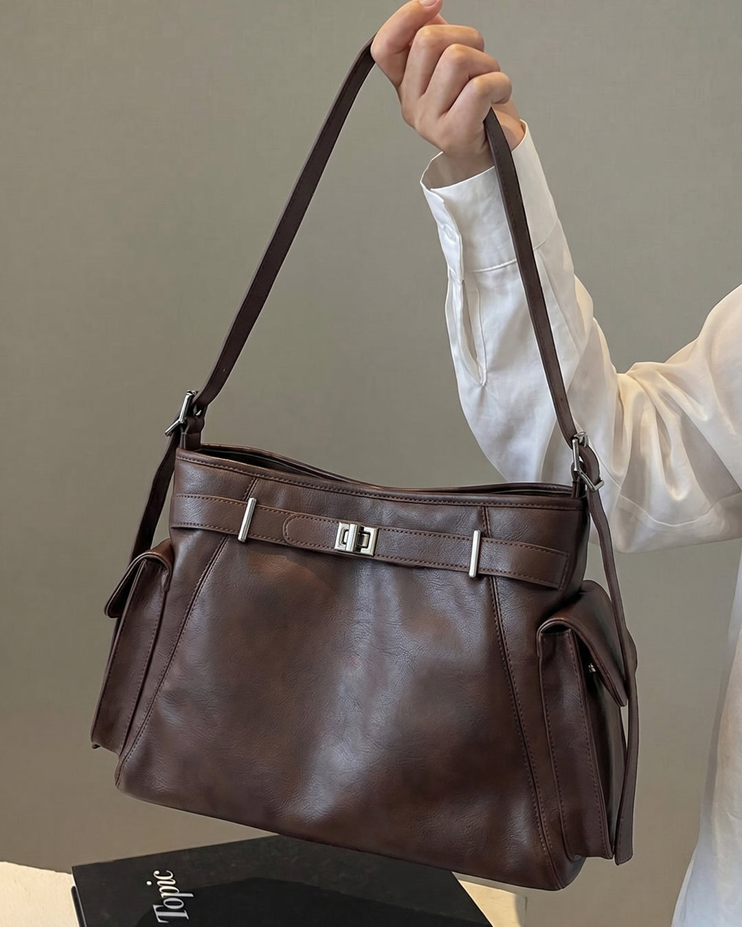 Adjustable Strap Shoulder Bag in Espresso Brown