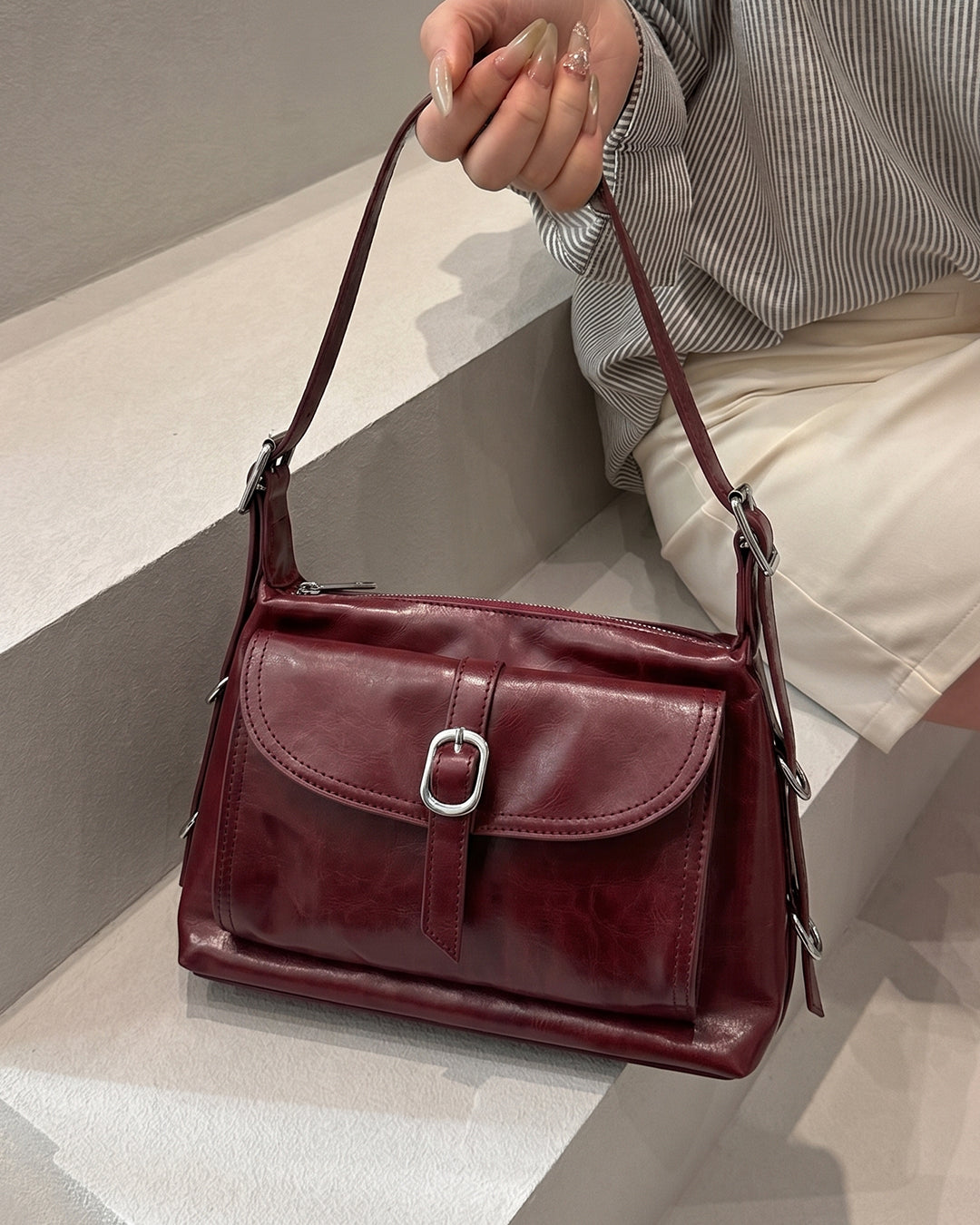 Buckle Closure Flap Detail Shoulder Bag in Cherry Red