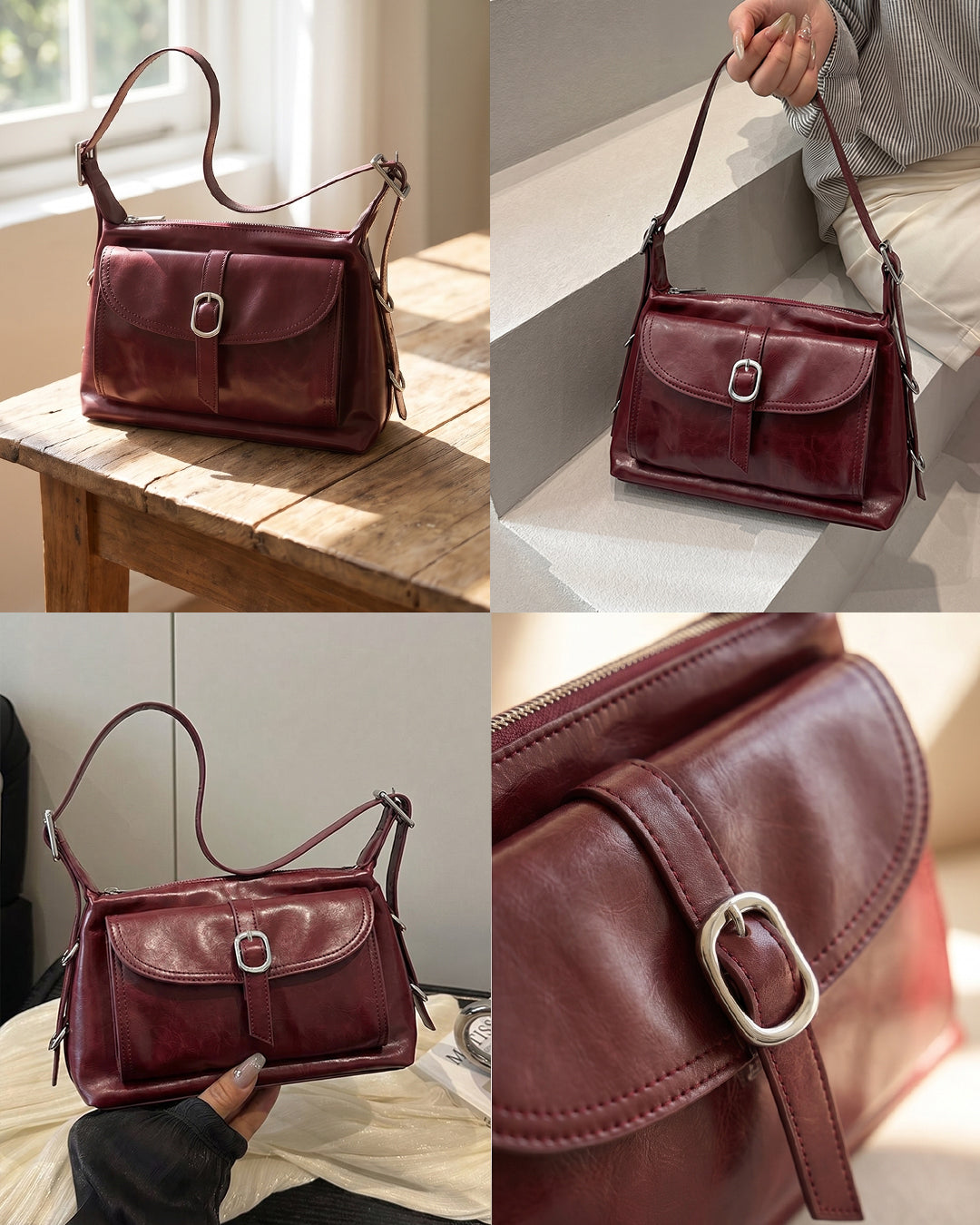 Buckle Closure Flap Detail Shoulder Bag in Cherry Red