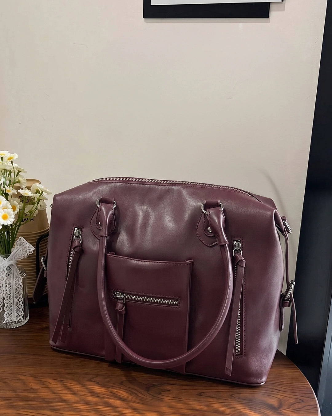 Multi Zip Tote Handbag in Maroon