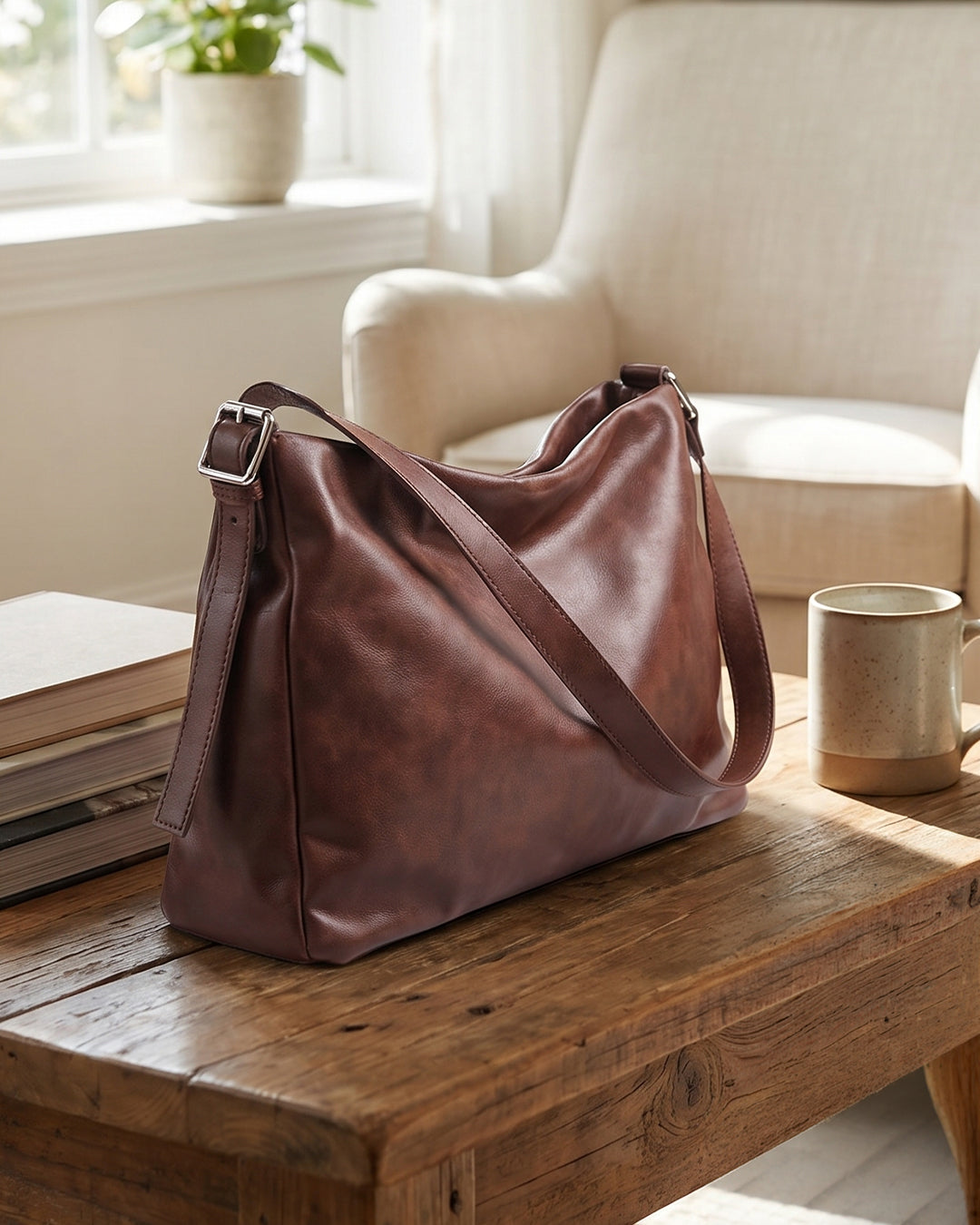 Relaxed Fit Minimal Shoulder Bag in Chocolate Brown