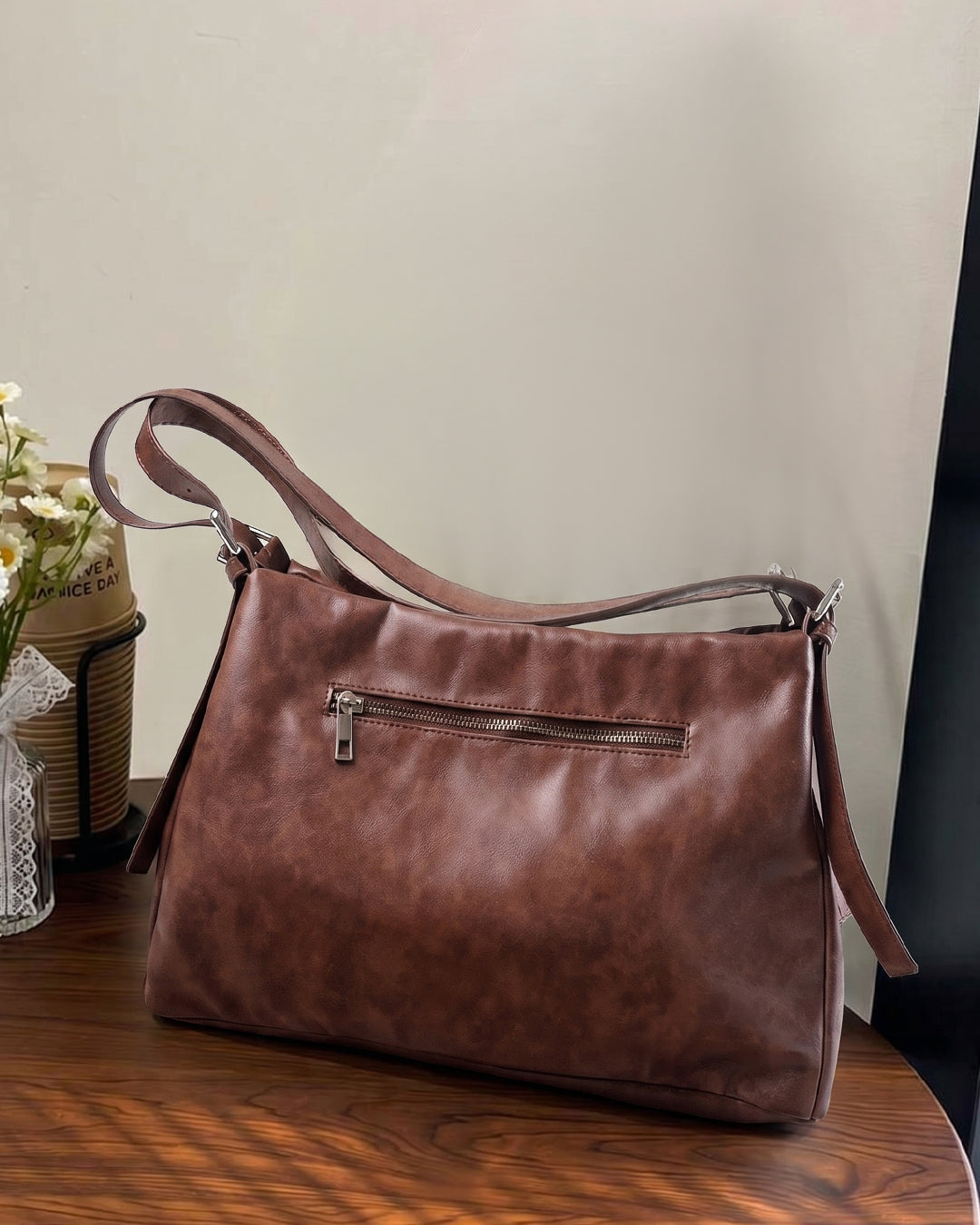 Relaxed Fit Minimal Shoulder Bag in Chocolate Brown
