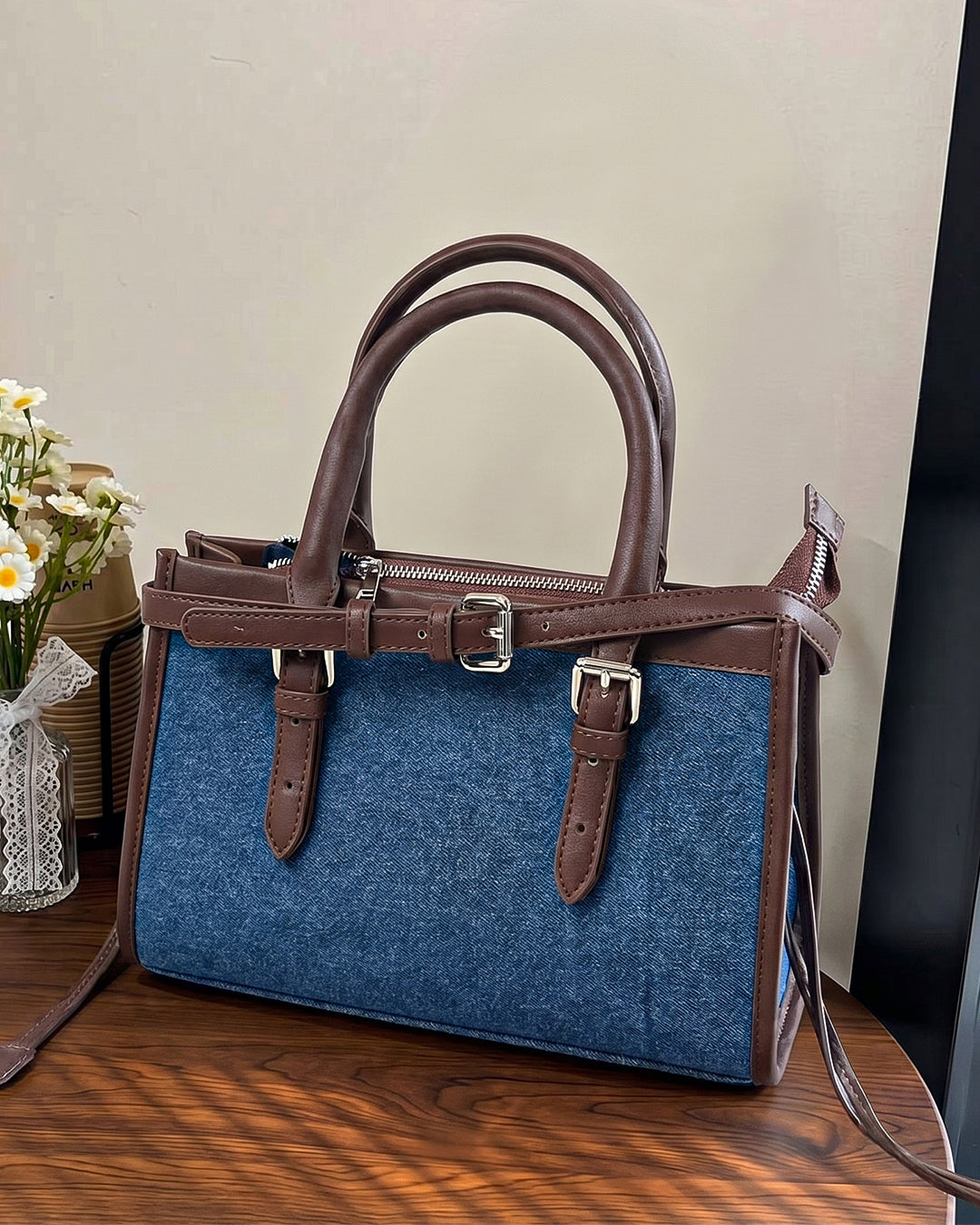 Denim Buckle Detail Top Handle Shoulder Bag in Blue