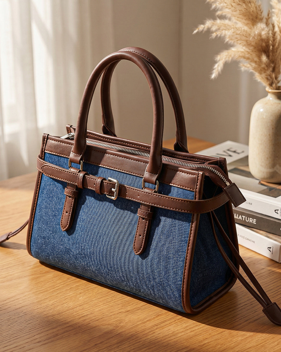 Denim Buckle Detail Top Handle Shoulder Bag in Blue