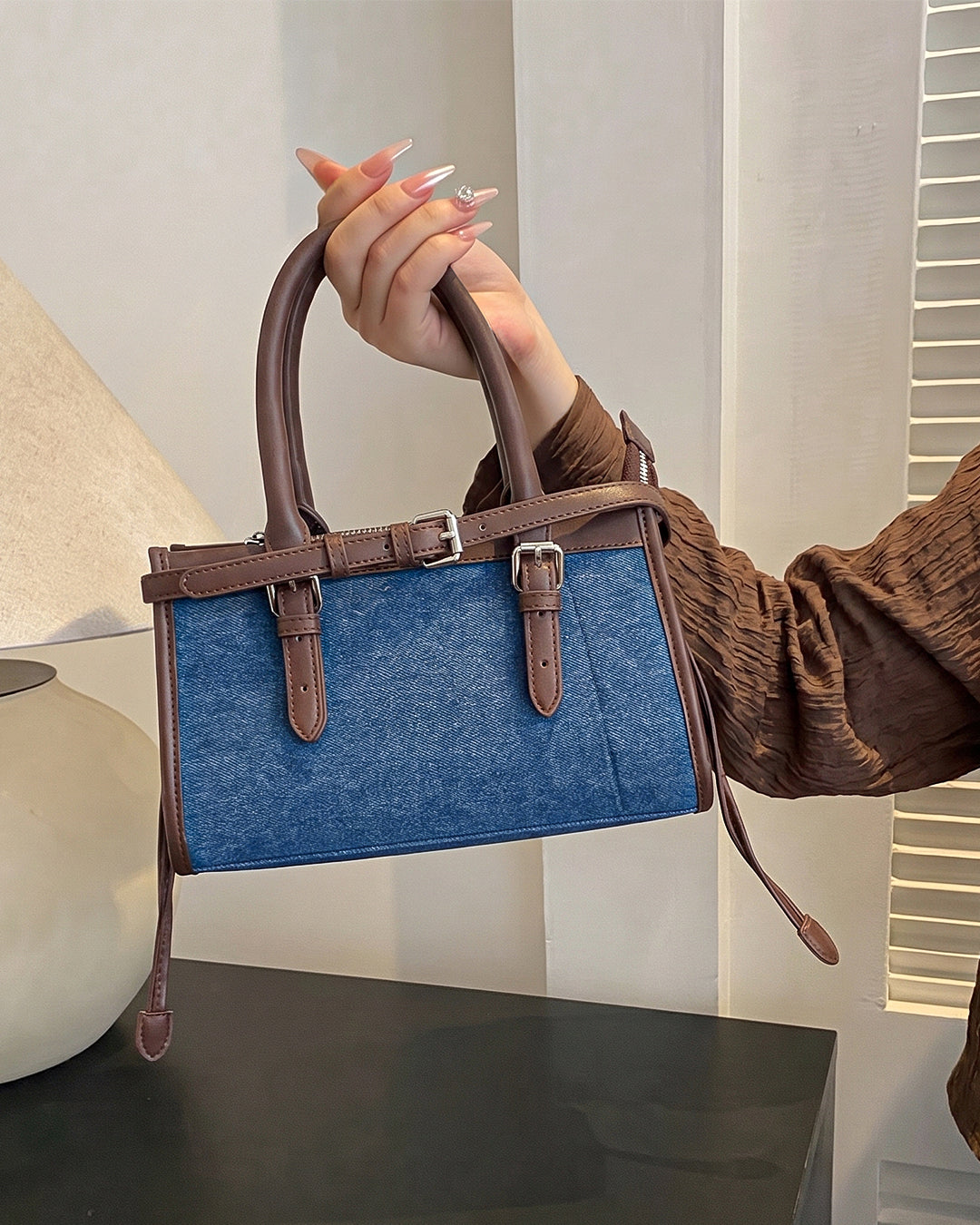 Denim Buckle Detail Top Handle Shoulder Bag in Blue