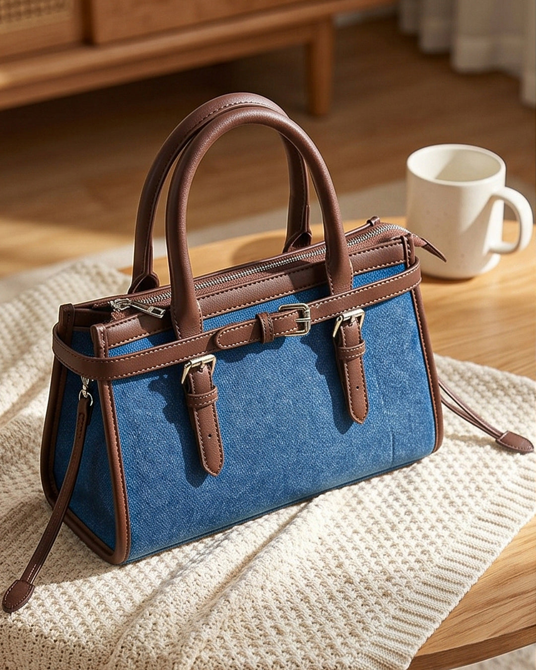 Denim Buckle Detail Top Handle Shoulder Bag in Blue