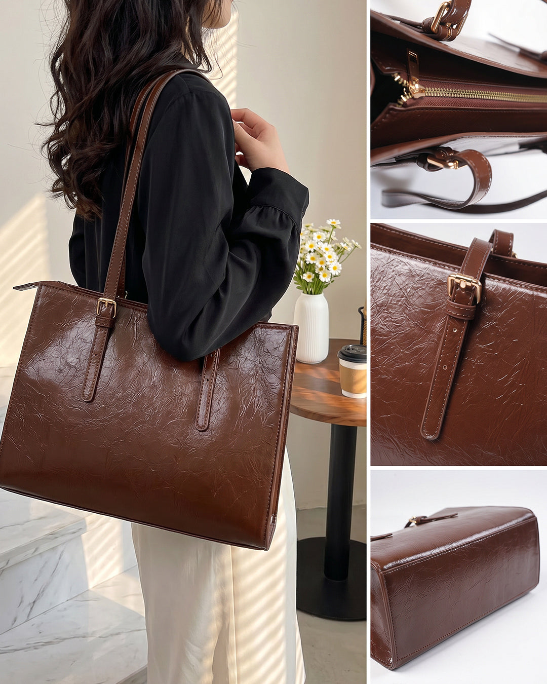Polished Tote Carryall Bag in Chocolate Brown