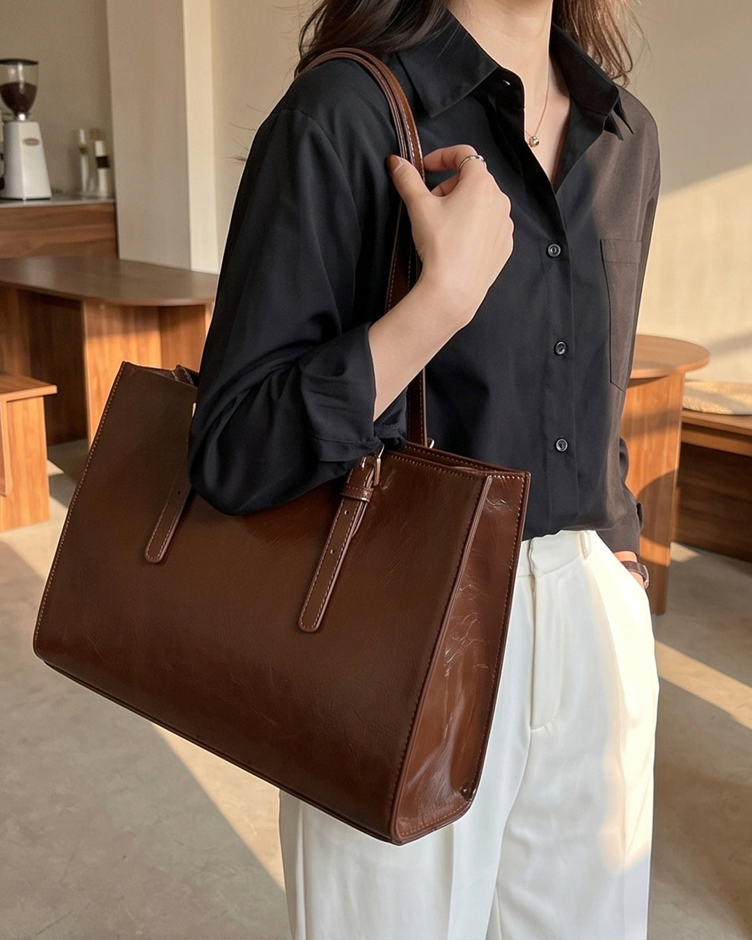 Polished Tote Carryall Bag in Chocolate Brown
