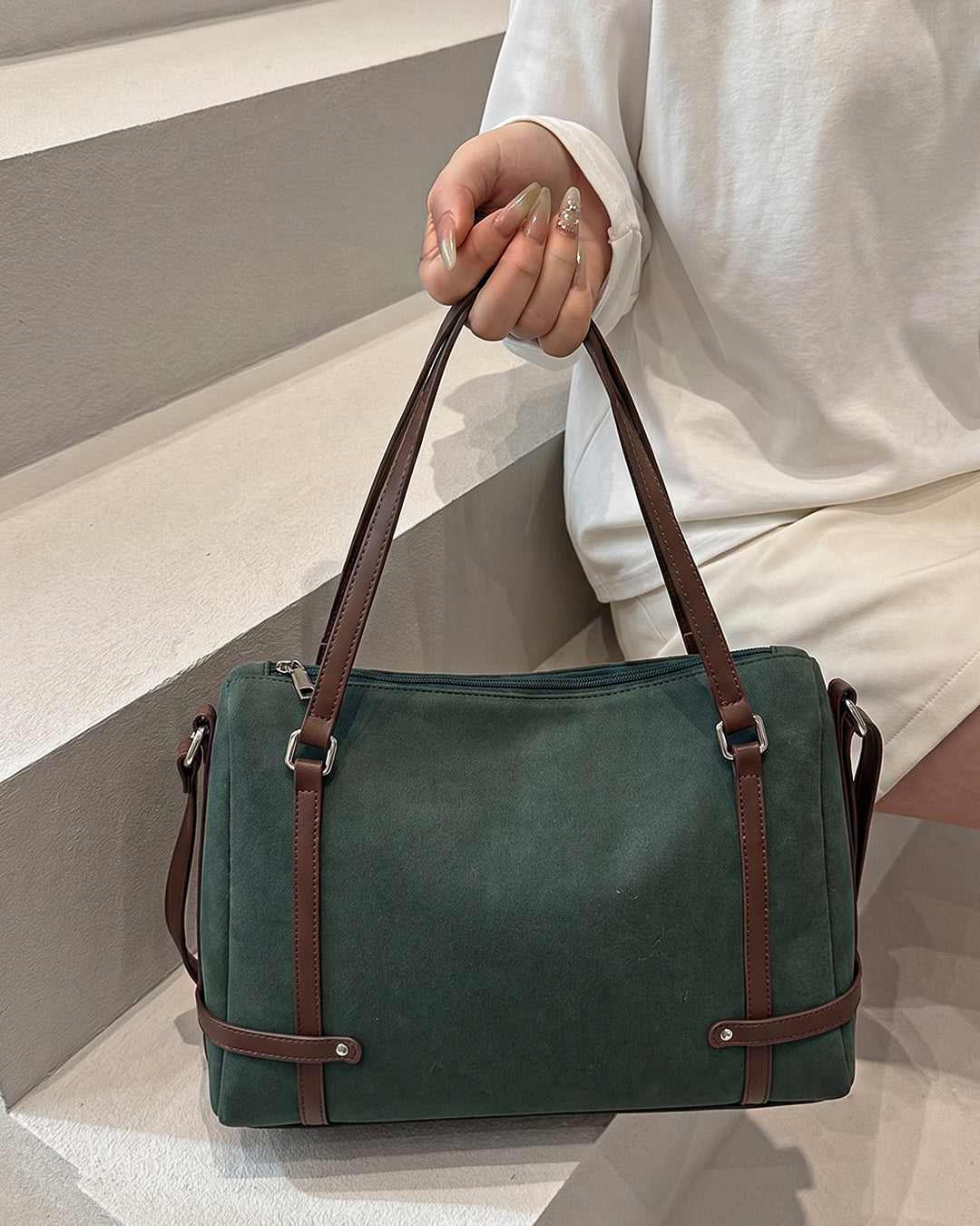 Soft Structured Shoulder Bag in Olive Green