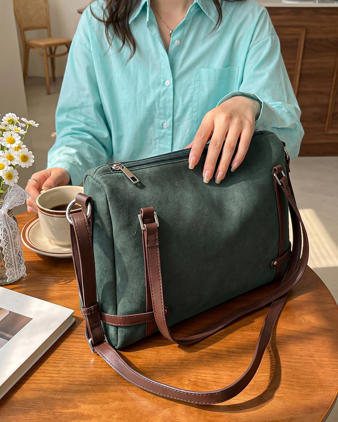 Soft Structured Shoulder Bag in Olive Green