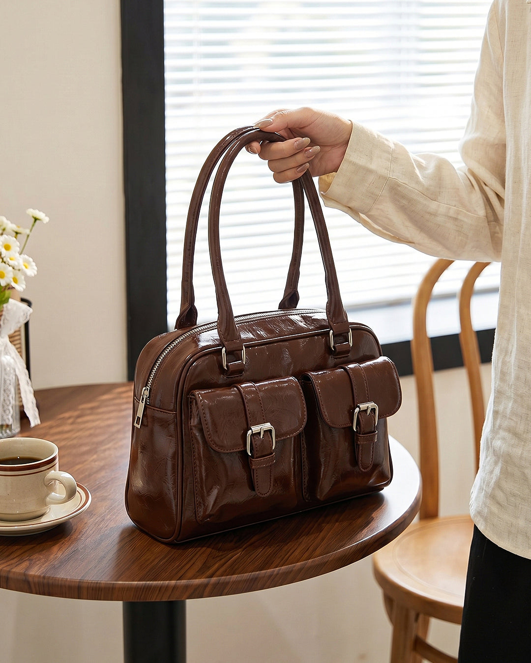 Y2K Patent Shoulder Handbag in Chocolate Brown