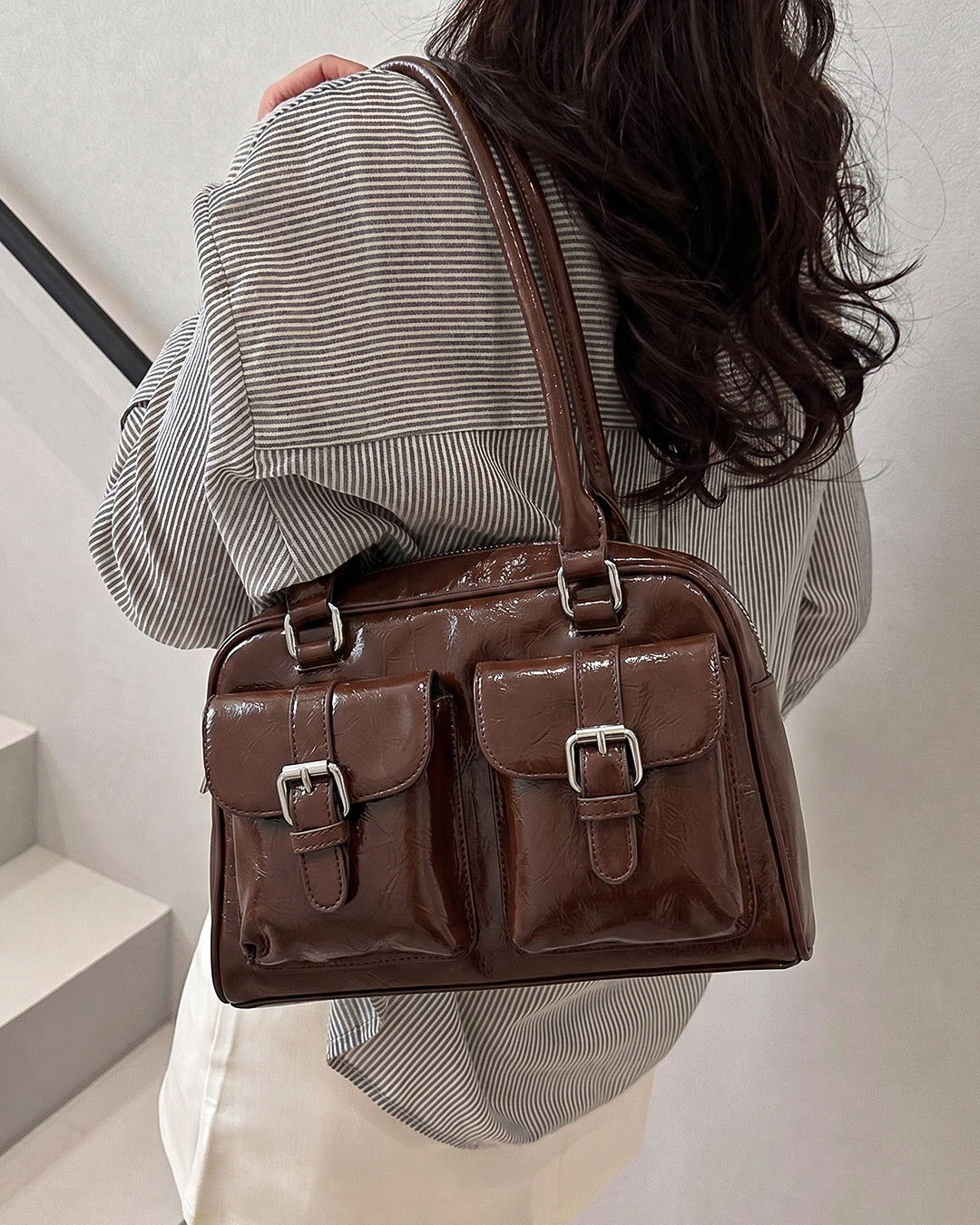 Y2K Patent Shoulder Handbag in Chocolate Brown