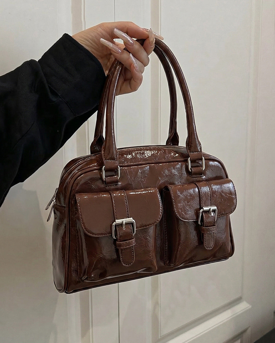 Y2K Patent Shoulder Handbag in Chocolate Brown