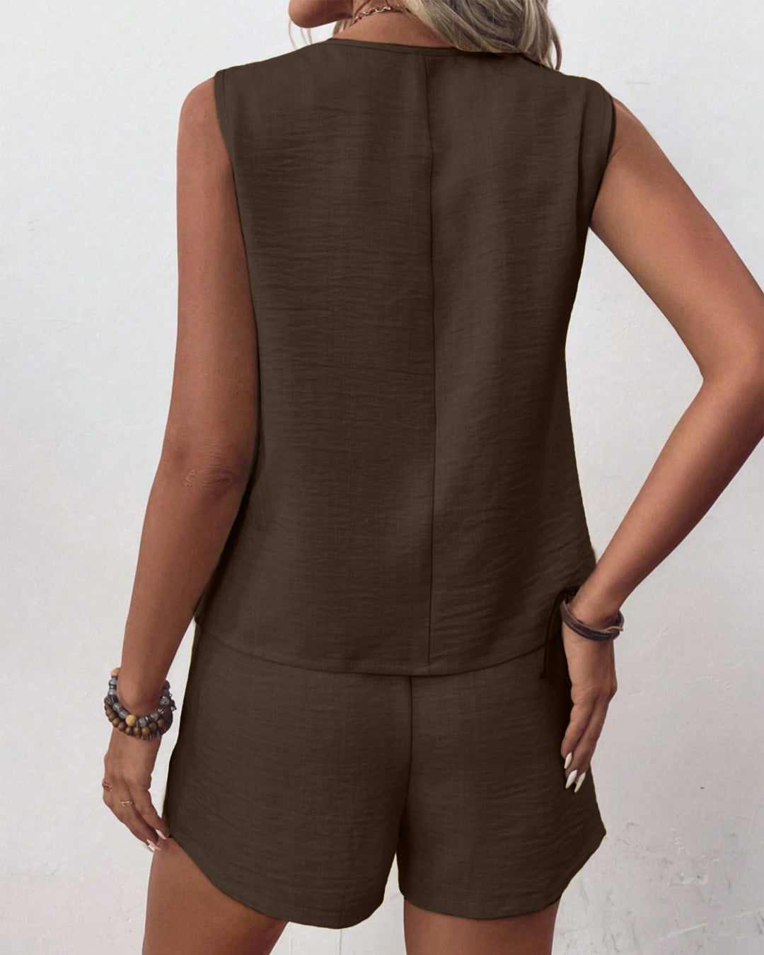Tie Front Top And Mini Shorts Two Piece Set in Chocolate Brown