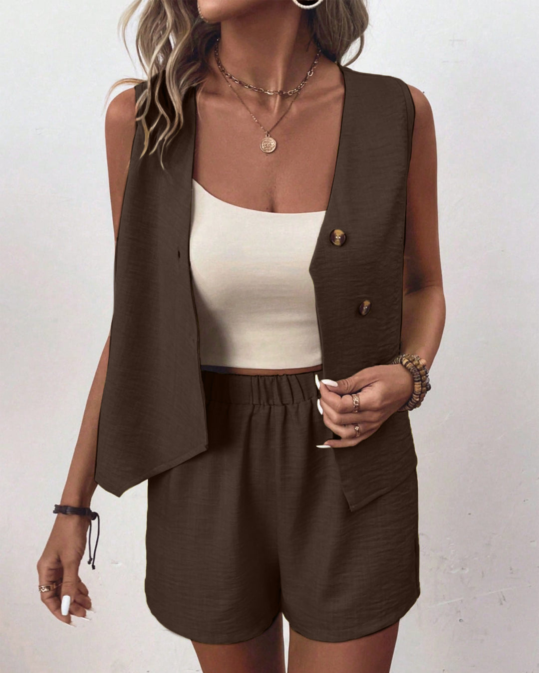Tie Front Top And Mini Shorts Two Piece Set in Chocolate Brown