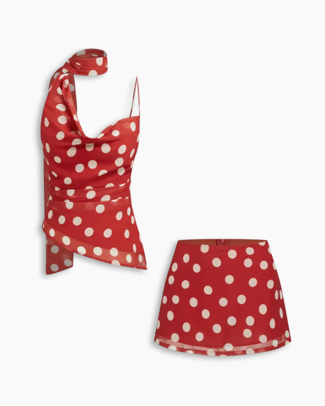 Polka Dot Cowl Neck Top With Scarf And Mid Rise Mini Skirt Set in Classic Red