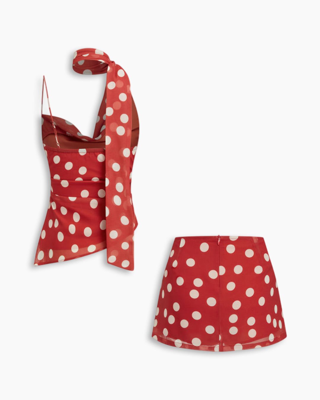 Polka Dot Cowl Neck Top With Scarf And Mid Rise Mini Skirt Set in Classic Red