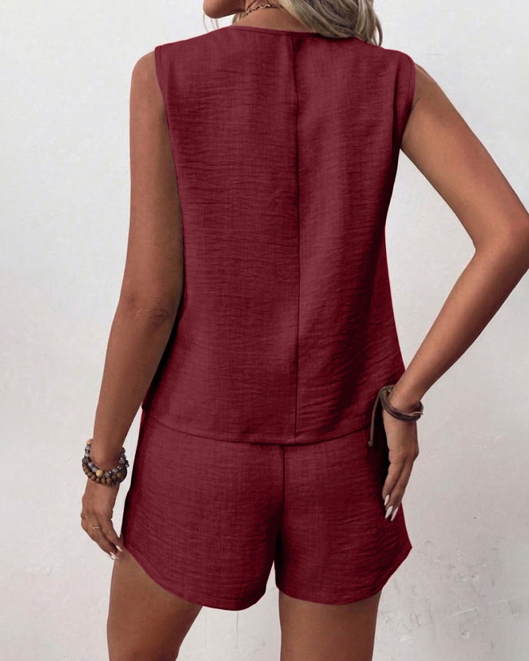 Tie Front Top And Mini Shorts Two Piece Set in Burgundy