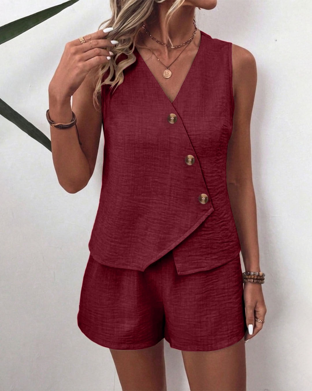 Tie Front Top And Mini Shorts Two Piece Set in Burgundy